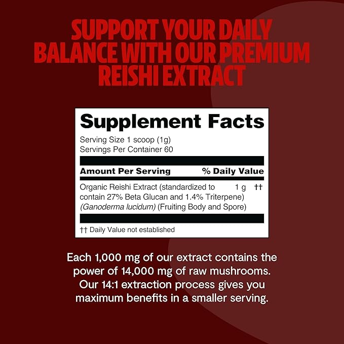 FreshCap Reishi Mushroom Powder 14,000mg - Organic Mushroom Extract Supplement Powder, Ayurveda Nootropic Red Reishi Supplement Blend (60 Servings)
