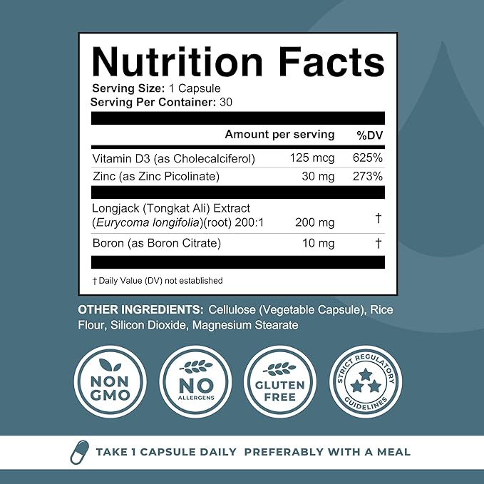 Boron Supplement For Men With Tongkat Ali - Boron 10mg, Vitamin D3, Zinc Picolinate 30mg, Longjack Tongkat Ali For Men - Boron Citrate For Men’s Health - Non GMO, Gluten Free, No Allergens - 30 ct