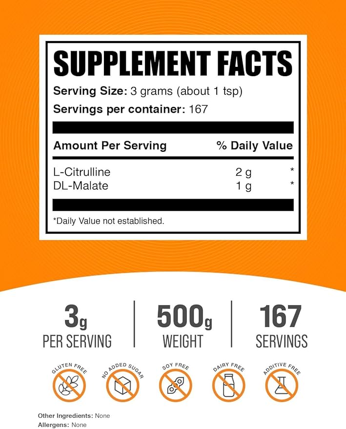 BulkSupplements.com L-Citrulline Malate 2:1 Powder - L Citrulline Malate Supplement, Citrulline Malate Powder - Unflavored & Gluten Free - 3g per Servings, 500g (1.1 lbs) (Pack of 1)