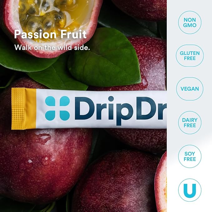 DripDrop Hydration - Zero Sugar Passion Fruit - Electrolyte Drink Mix Single Serve Hydration Powder Packets | Non-GMO, Gluten Free, Vegan | 32 Sticks