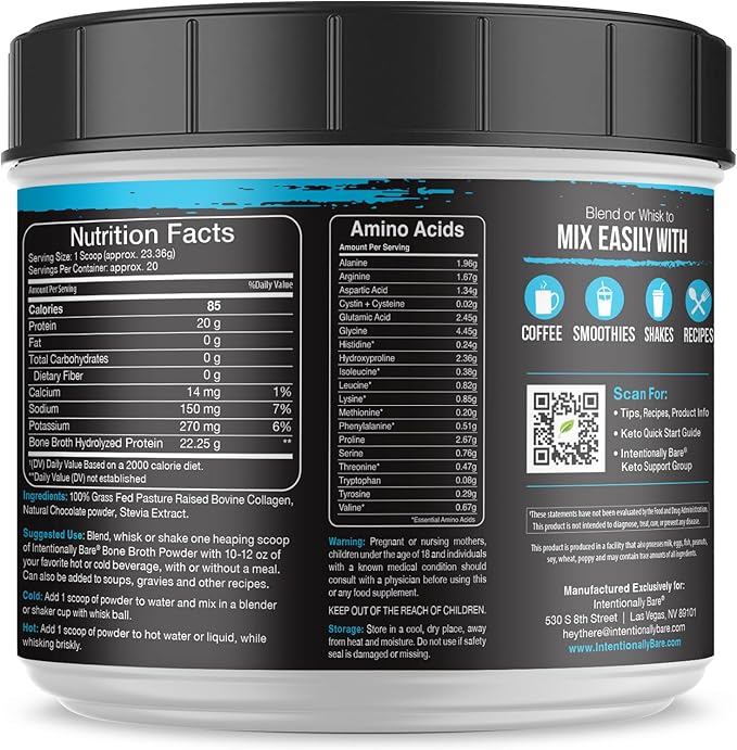 Intentionally Bare Bone Broth Protein Powder Chocolate - 20g Collagen Protein Powder for Skin Hair Joints & Gut - Keto Protein Powder with Collagen Peptide - Chocolate Collagen Powder - 20 Servings