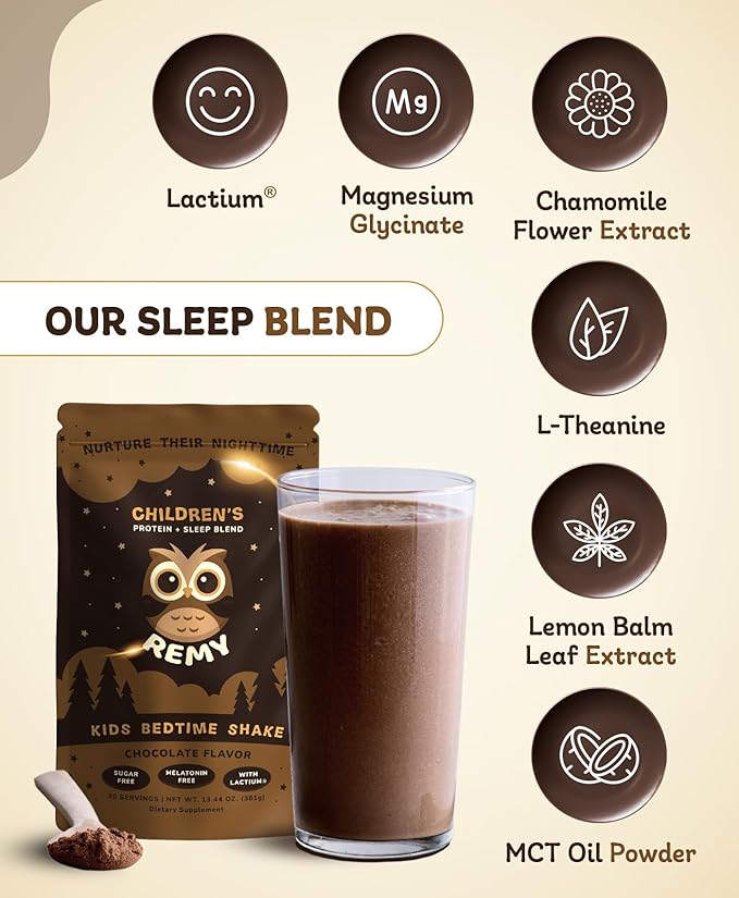 Remy Kids Protein Sleep Aid Supplements, Melatonin-Free Formula, Lactium®, L Theanine, VIT D, B6, Calcium & Herbal Extracts Sleep Aid for Kids, Balanced Nutritional Drink, Non GMO & Preservatives