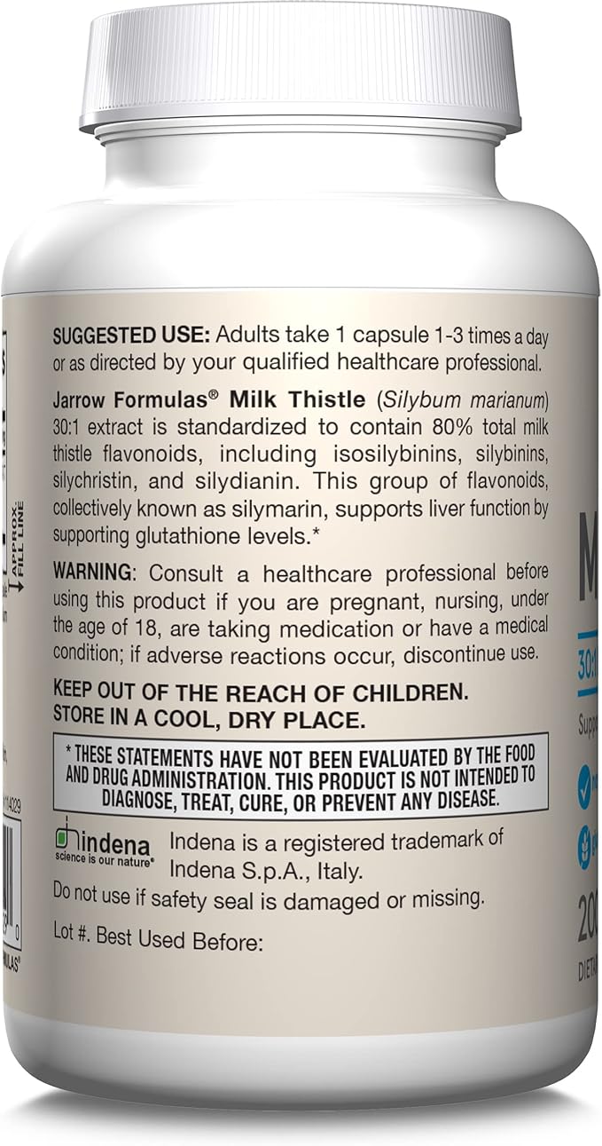 Jarrow Formulas Milk Thistle 150 mg With 30:1 Standardized Silymarin Extract, Dietary Supplement for Liver Function Support, 200 Veggie Capsules, 66-200 Day Supply