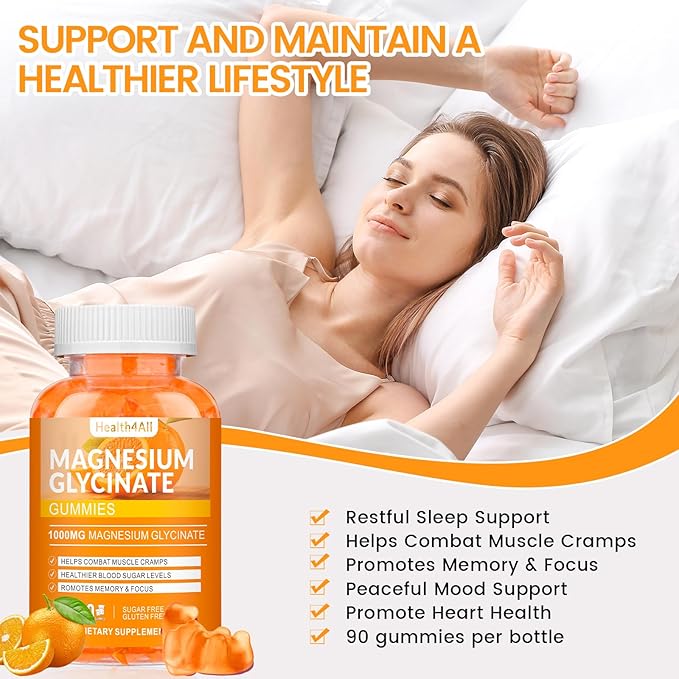 Magnesium Glycinate Gummies 1000mg, High Absorption Sugar Free Magnesium Potassium Supplement for Relaxation, Stress Relief, and Sleep Support for Adults & Kids - 90 Orange Gummies