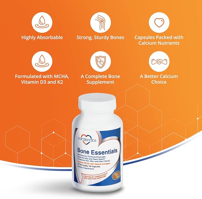 Bone Essentials with MCHA & Collagen, Calcium Supplement w/Calcium Hydroxyapatite for High Absorption, Bone Density and Heart Supplement w/Vitamins, Minerals & Proteins, 120 Capsules