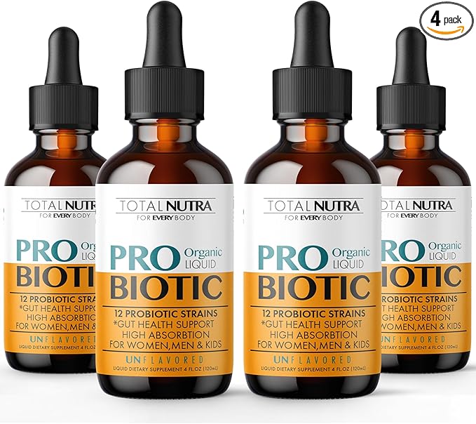 Liquid Probiotic for Women, Men, Kids, Toddler Probiotic: USDA Organic Vegan Probiotic Liquid & Alfalfa Blend + Acidophilus for Gut Health, Dairy Gluten Sugar Free, Non-GMO Oral Probiotics (4 Pack)