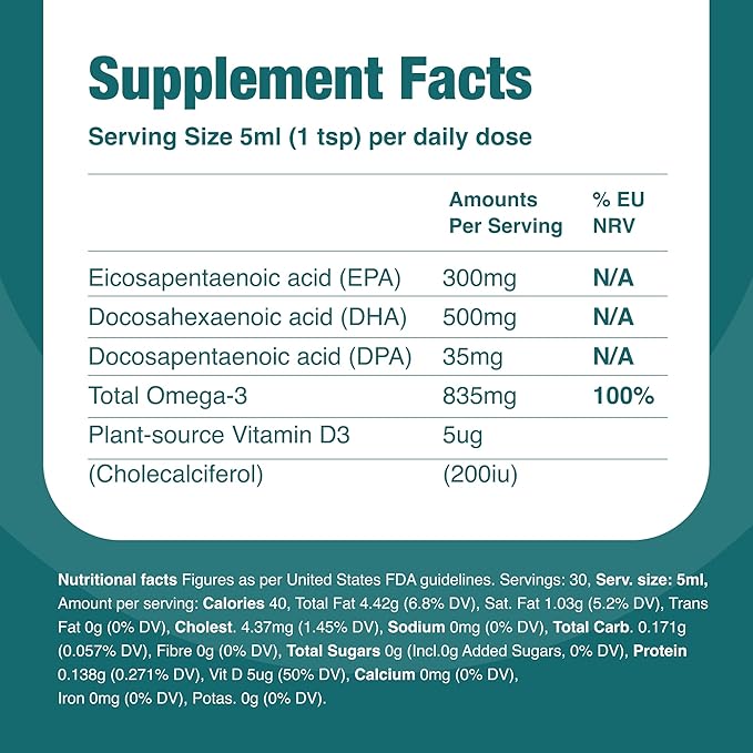 Vegan Omega 3 Liquid, from Microalgae, 800mg of EPA DHA, with Vitamin D3, Supports Heart, Brain and Eye Health, Natural Fish Oil Alternative, UK Made, Unflavoured