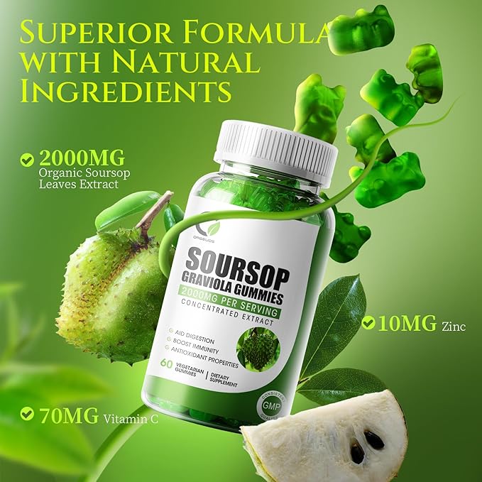 Soursop Graviola Gummies - Organic Soursop Leaves Extract, VC & Zn - for Digestive, Immune, Antioxidant & Energy Support - Non-GMO, 120 Gummies (2 Pack)