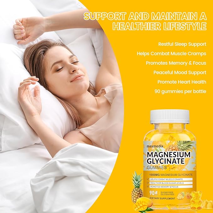 Magnesium Gummies 1000mg -Magnesium Glycinate Supplement and Magnesium L-Threonate Gummy,Sugar Free Magnesium Potassium Supplement for Calm Mood, Muscle, Bone & Sleep Support 90 MangoPineapple Gummies