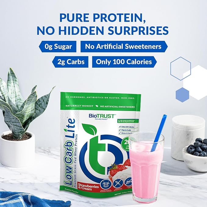 BioTrust Low Carb Lite, 20 Grams of Grass-Fed Whey Protein Isolate, 100 Calories, ProHydrolase Digestive Enzymes, Non-GMO, Free from Soy and Gluten, rBGH-Free (14 Servings) (Strawberries and Cream)