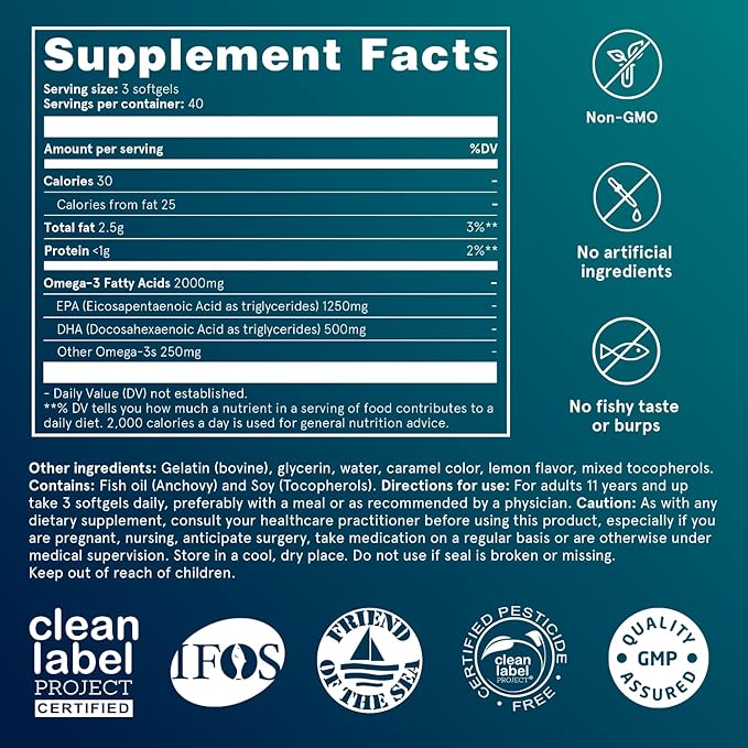 Puori Omega 3 Fish Oil - Ultra Pure 2000mg - 240 Softgels - Heart and Eye Supplement - Burpless, IFOS Certified, Non-GMO Capsules - O3-2000mg EPA 1250mg DHA 500mg