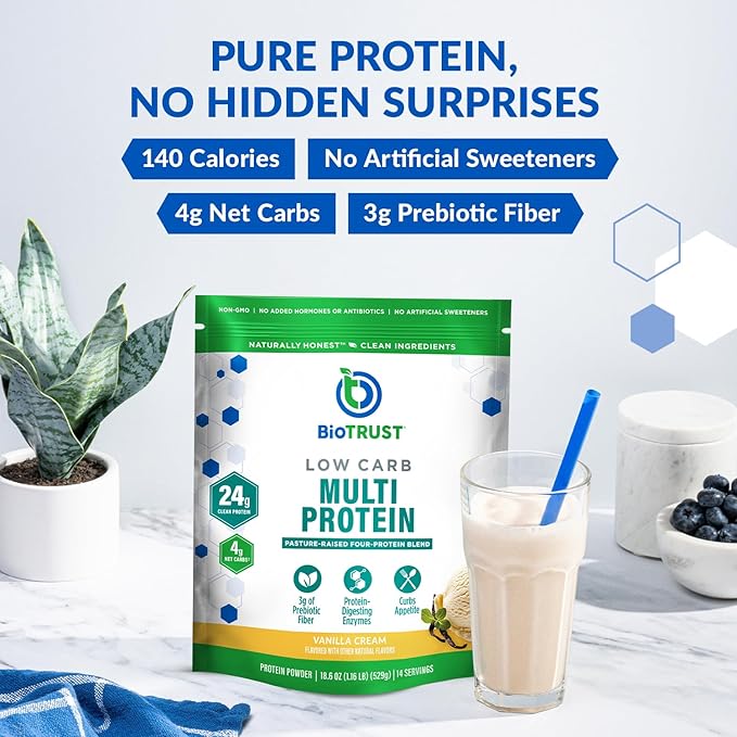 BioTrust Low Carb Protein Powder – Natural and Delicious Whey & Casein Blend from Grass-Fed Hormone Free Cows – Non GMO, Soy Free, Gluten Free, Hormone Free (Vanilla, 3-Pack)