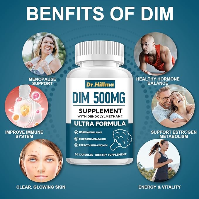 DIM 500MG Supplement Ultra Formula – Hormone Metabolism & Estrogen Balance Support for Women & Men – Diindolylmethane with Black Pepper Extract for Maximum Absorption – Vegan & Soy-Free – 60 Capsules
