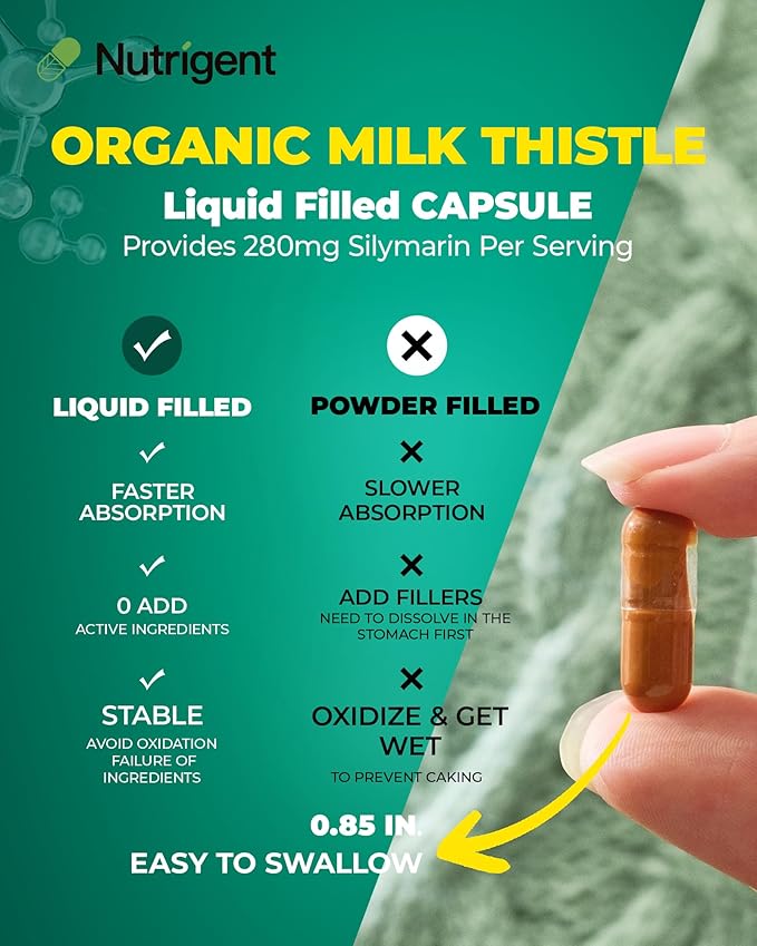 USDA Organic Milk Thistle Supplement 25:1 Extract, 8750 mg Strength, Silymarin Supplement 280 mg, Liquid Organic Capsules, Liver Health & Detox Support, Non-GMO, 60 Count