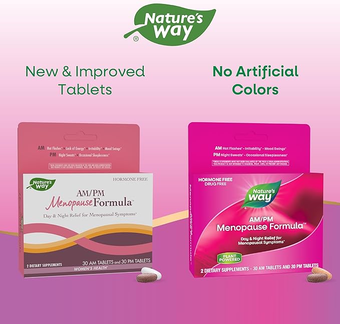 Nature's Way AM/ PM Menopause, Hot Flash Relief*, Night Sweats*, Restful Sleep*, Mood Swings*, Hormone-Free Formulas with Black Cohosh, L-Theanine, Valerian, 60 Tablets (Packaging May Vary)