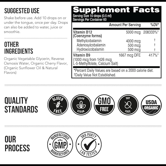 BioActive Vitamin B12 5000 mcg | Contains 3 BioActive Forms B12 Plus Methylfolate Cofactor - Methyl B12, Adenosyl B12 & Hydroxy B12 | Sublingual Form, Berry Flavor, Organic, Vegan (60 Servings)