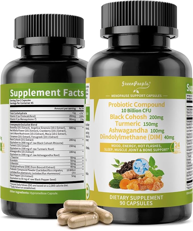 Menopause Supplements for Women - Black Cohosh & Ashwagandha for Hot Flashes, Night Sweats, Mood Swings, Hormonal Balance Support,10 Billion CFU Probiotic - 90 Capsules Vegan Gluten-Free
