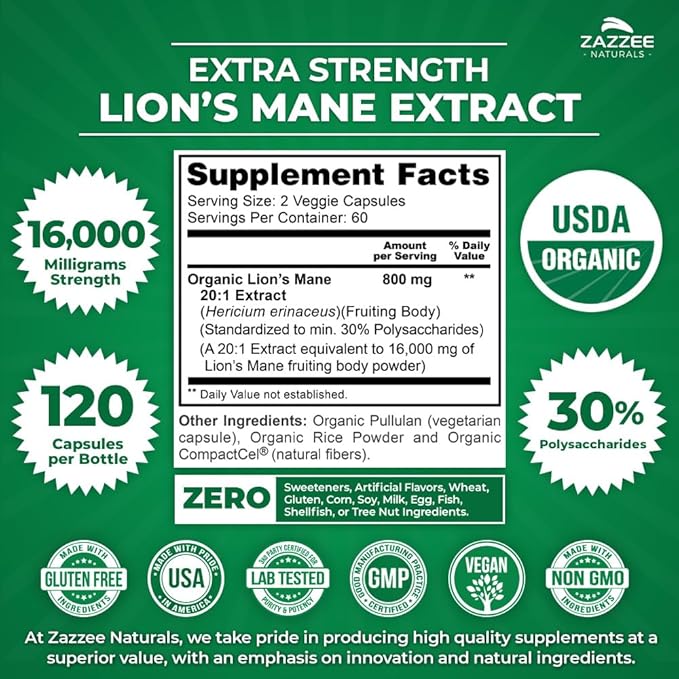 Zazzee USDA Organic Lion's Mane 20:1 Extract, 16,000 mg Strength, 30% Polysaccharides, 120 Vegan Capsules, 60 Day Supply, Standardized and Concentrated 20X Extract, All-Natural and Non-GMO