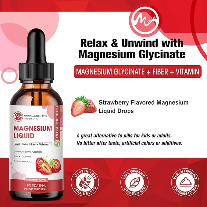 (3 Pack) Magnesium Glycinate Liquid Drops, High Absorption Magnesium Liquid with Bromelain, Vitamin B6 C D, Magnesium Supplement for Kids and Adults, Night & Muscle Support, Strawberry Flavor