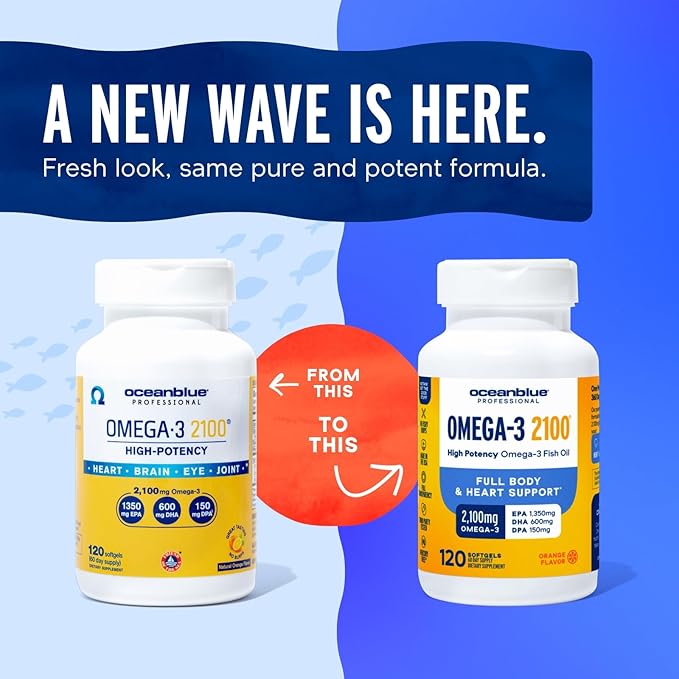 Oceanblue Professional Omega-3 2100 – 120 ct – 2 Pack – Triple Strength Burpless Fish Oil Supplement with High- Potency EPA, DHA, DPA – Wild-Caught – Orange Flavor (120 Servings)