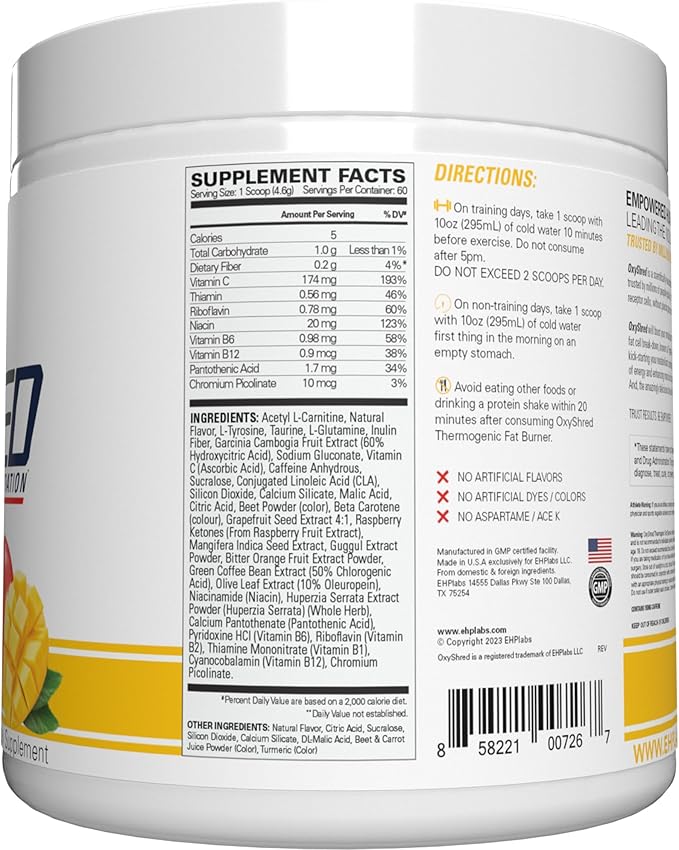 EHP Labs OxyShred Pre Workout Powder - Preworkout Powder with L Glutamine & Acetyl L Carnitine, Energy Boost Drink - Mango, 60 Servings