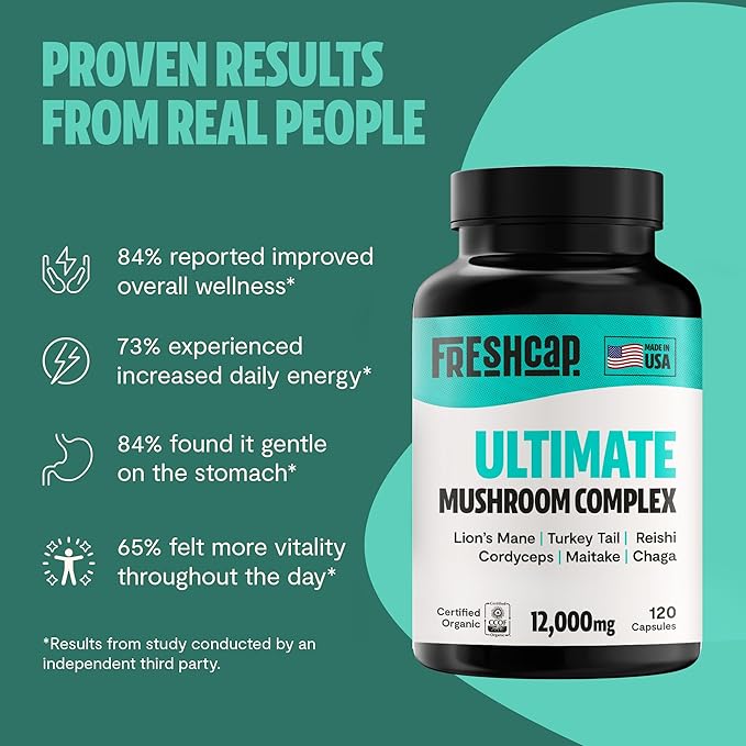 FreshCap Ultimate Mushroom Supplement 12,000mg - Mushroom Complex Capsules, Organic Mushrooms Supplement, Nootropic Brain Supplements for Memory and Focus Ayurveda (120 Capsules)
