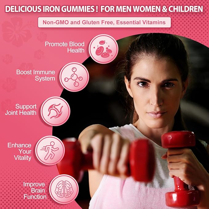 Iron Gummies for Women Men Vitamin Supplement 65mg & Vitamin C 250mg Per Serving with B6 B12 Folate- Energy Support for Iron Deficiency, Anemia, Vegan Guava Hibiscus Flavor, 120 Count