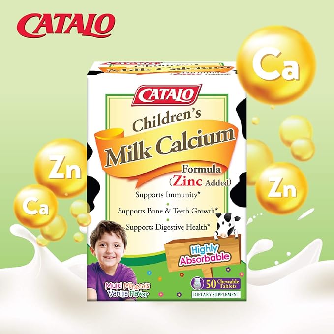 CATALO Children's Milk Calcium Formula with Zinc - 50 Bear-Shaped Chewable Tablets, Supports Bone Growth & Teeth Development, TruCal Calcium, Vanilla Flavor