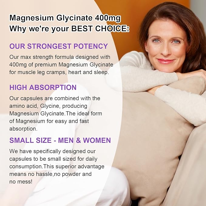 High Absorption Magnesium Glycinate 400mg Softgels Supplement, Magnesium with Calcium - Highly Bioavailable - with Vitamin D3 & K2, for Sleep, Mood, Brain Support