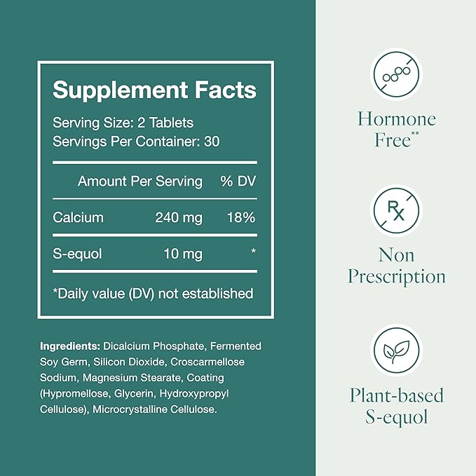EQUELLE Menopause Multi-Symptom Relief - Women's Health Support for Hot Flashes, Sleep*, Muscle Aches & More - Hormone-Free** Supplement with Plant-Based Ingredient S-Equol - 60 Tablets (2 Pack)