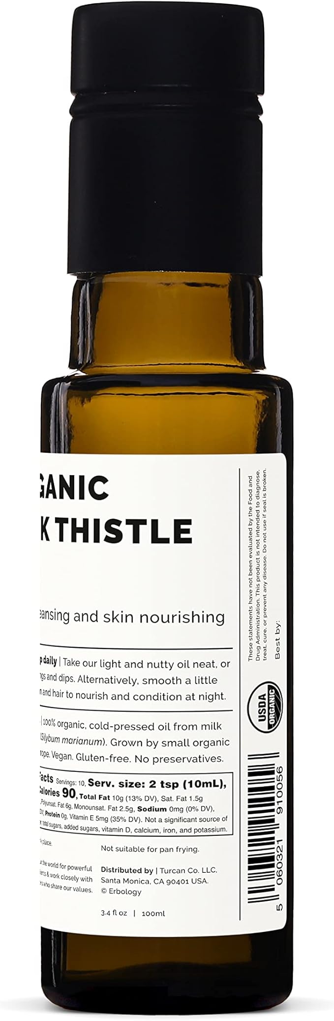 Erbology Organic Milk Thistle Oil 3.4 fl oz - Cold-Pressed - High in Vitamin E - Detoxifying - Straight from Farm - Non GMO - No Additives or Preservatives - Recyclable Glass Bottle