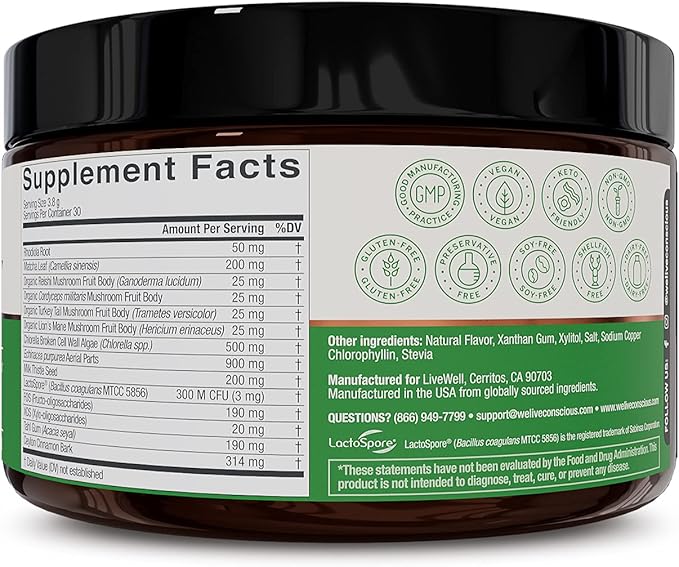 Live Conscious Beyond Greens Superfood Powder - Delicious Debloating Super Greens Powder - Matcha Greens Blend w/Chlorella, Echinacea, Probiotics for Immune Support & Energy