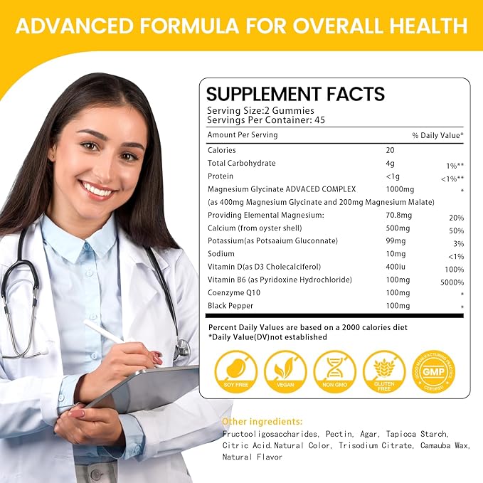 Magnesium Glycinate Gummies 1000mg, High Absorption Sugar Free Magnesium Potassium Supplement for Relaxation, Stress Relief, and Sleep Support for Adults & Kids - 90 Mango Pineapple Gummies