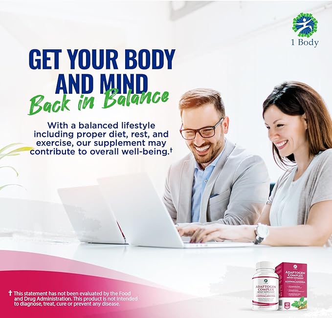 1 Body Ashwagandha Complex Supplement, Focus and Energy Support, 120 Vegan Capsules