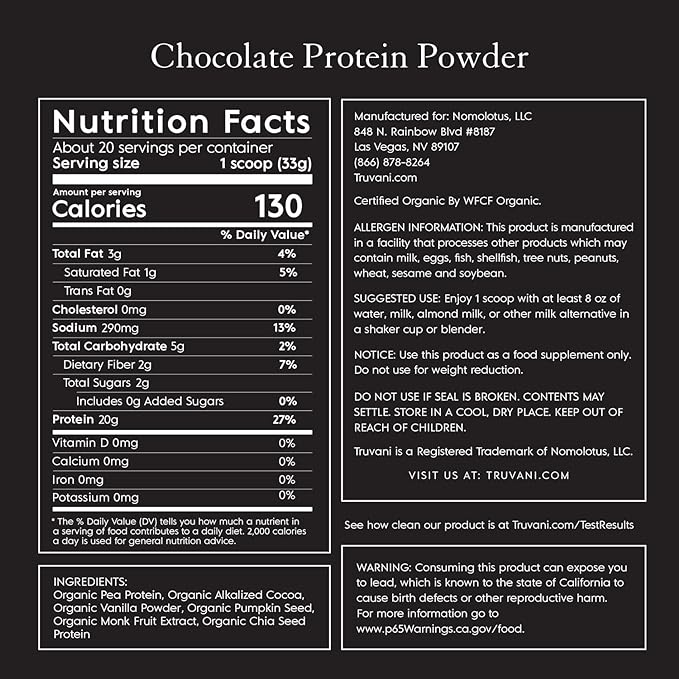 Truvani Vegan Pea Protein Powder | Chocolate | 20g Organic Plant Based Protein | 20 Servings | Keto | Gluten & Dairy Free | Low Carb | No Added Sugar