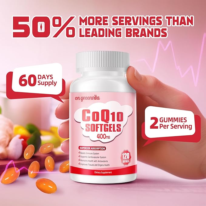 CoQ10-400mg-Softgels with PQQ, BioPerine & Omega-3, Coenzyme Q10(Ubiquinone) Supplement for High-Absorption, Powerful-Antioxidant, Support Heart & Energy-Production, 120 Servings