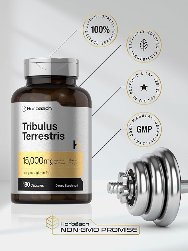 Horbäach Tribulus Terrestris for Men 15000mg | 180 Capsules | Maximum Strength | Non-GMO, Gluten Free Extract Supplement