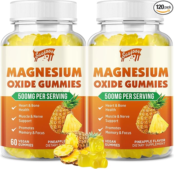 2 Pack Magnesium Oxide 500mg Gummies for Adults & Kids, Supports Nerve Muscle & Bone Health, Vegan Non-GMO Dietary Supplement with Pineapple Flavor, 120 Gummies