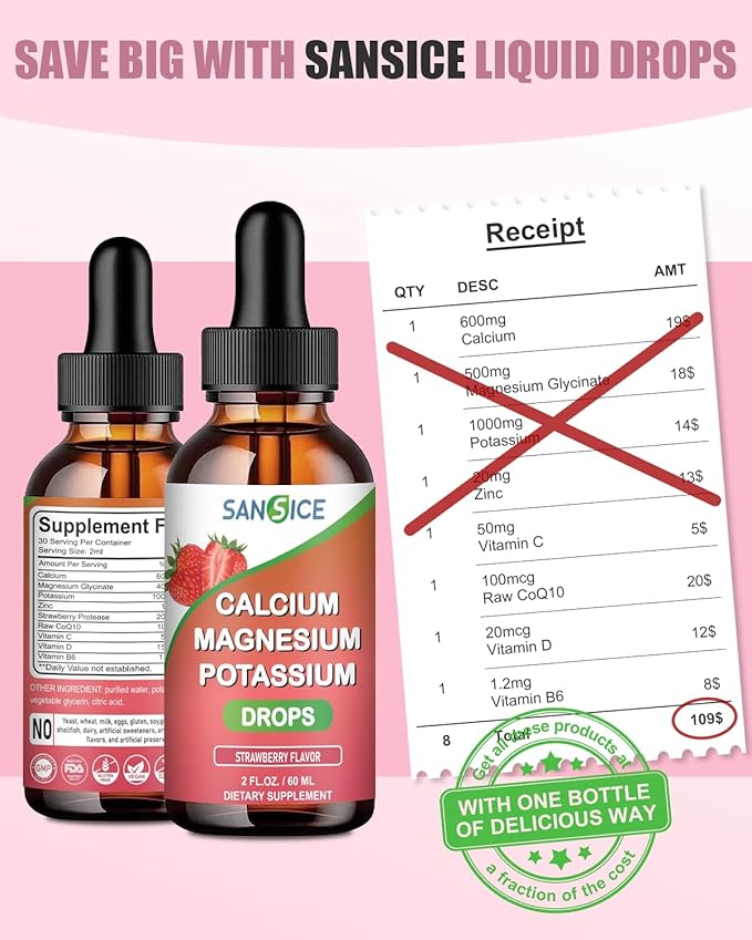 Calcium Magnesium Potassium Supplements,Magnesium Glycinate 400mg Zinc MultiVitamin Drops Calcium Magnesium Supplement High Absorption Vegan Non GMO (60ml/Strawberry Flavor)