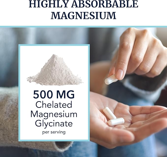 Magnesium Glycinate 500mg | Chelated for High Absorption | Muscle Relaxation, Bones, Heart, Nerve, Sleep & Calm Support for Women & Men | Magnesium Chelate Supplement & Bisglycinate Complex | 60ct