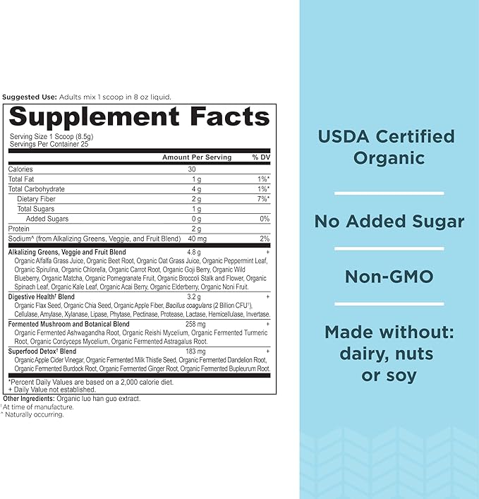 Supergreens Alkalize & Detox Powder by Ancient Nutrition, Organic Superfood Powder Made from Real Fruits, Vegetables and Herbs, for Digestive and Energy Support, 25 Servings, 7.5oz