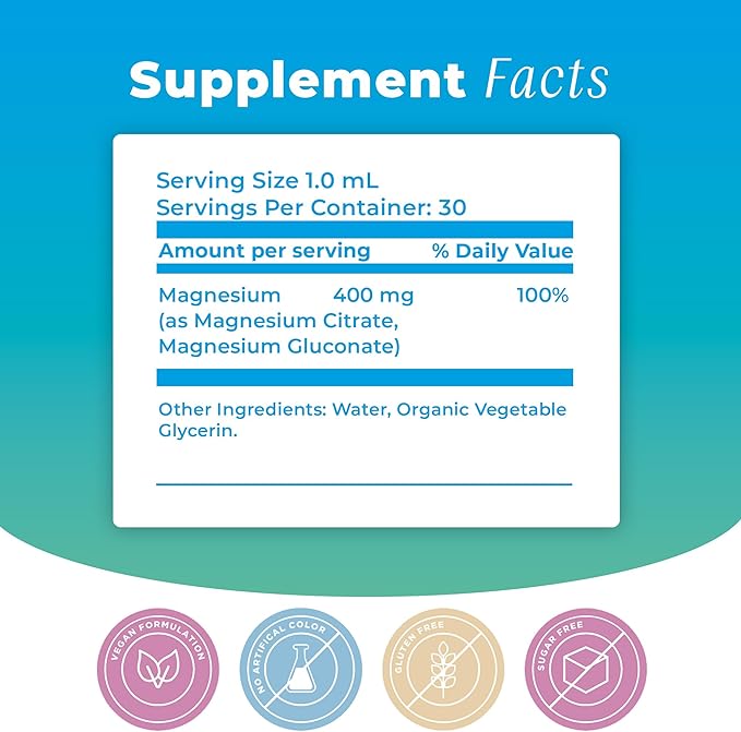 Magnesium Citrate & Gluconate Liquid Supplement. Nervous, Cardiovascular, Muscular & Immune System Support. 30 Day Supply, Vegan, Non-GMO, Gluten-Free, Unflavored