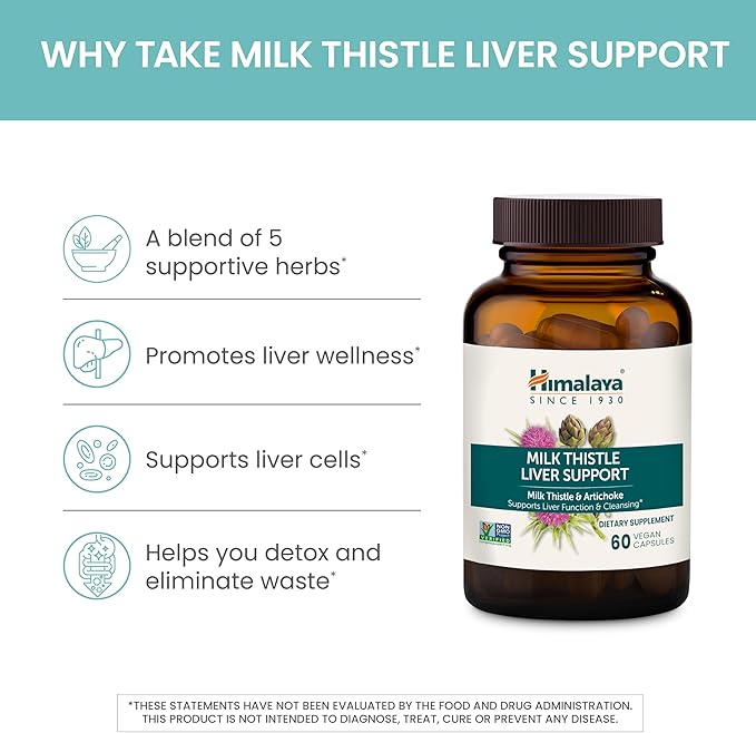 Himalaya Milk Thistle Liver Support Capsules, 60 Count, Silymarin Milk Thistle 350 mg, with Artichoke, Chicory, Andrographis & Dandelion, Supports Liver Function & Cleansing