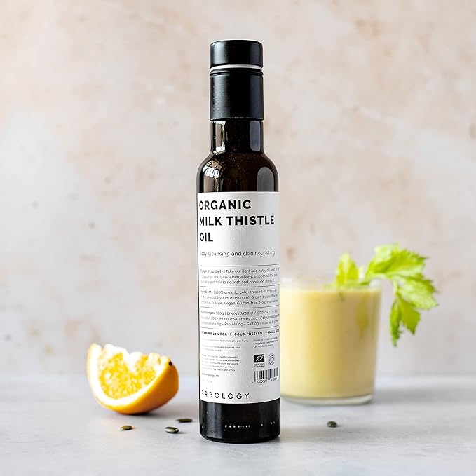 Erbology Organic Milk Thistle Oil 8.5 fl oz - Cold-Pressed - High in Vitamin E - Detoxifying - Straight from Farm - Non GMO - No Additives or Preservatives - Recyclable Glass Bottle