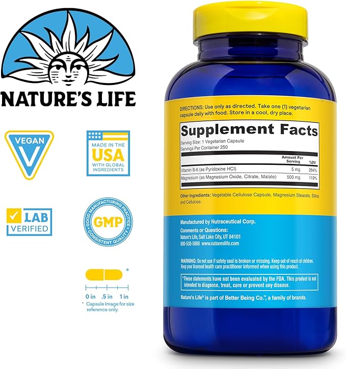 Natures Life Renewing Magnesium 500 mg - Magnesium Citrate, Magnesium Malate, Magnesium Oxide Plus Vitamin B-6 - Muscles and Nerves Support - Lab Verified (250 Servings, 250 VegCaps)