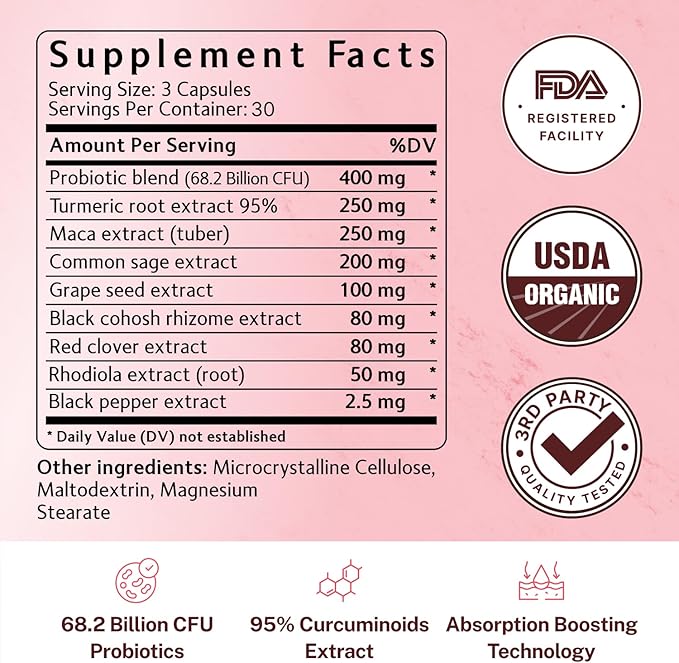 Menopause Relief - Probiotics for Women, 68.2 Billion CFU, Turmeric, Maca & Black Cohosh - Supports Gut Health, Hormone Balance, Weight Management, Joint Health, Hot Flash Support,90 Capsules