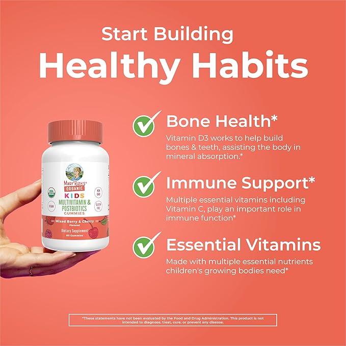 MaryRuth Organics Kids Vitamins | USDA Organic | Multivitamin Gummies + Postbiotics for Ages 4+ | Lactobacillus Rhamnosus | Vegan | Non-GMO | 60 Count