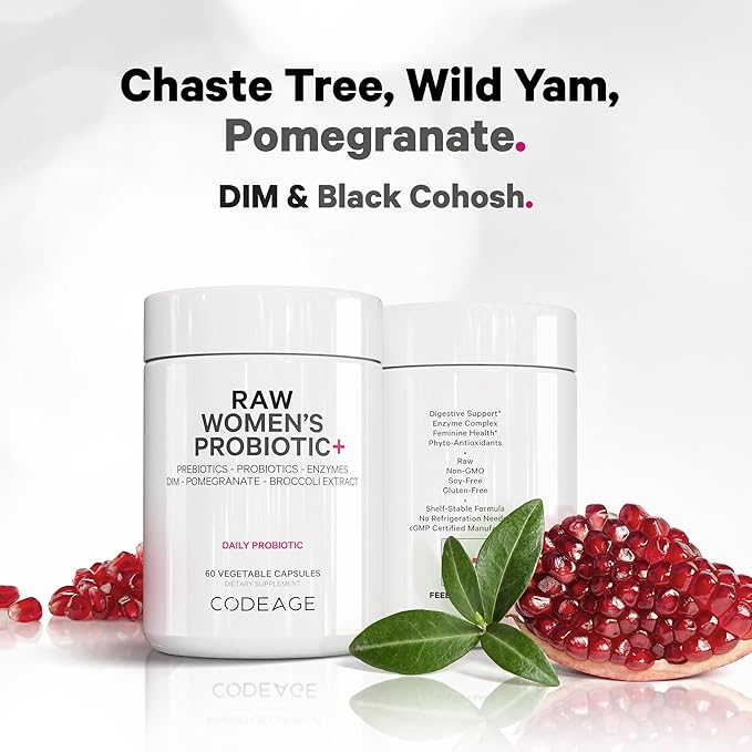 Codeage Raw Women’s Probiotic+ Supplement - 34 Probiotic Strains, 100 Billion CFUs, Digestive Enzymes, Prebiotic Blend, DIM, Herbal Extracts, Phytonutrients - Non-GMO - 30 Capsules