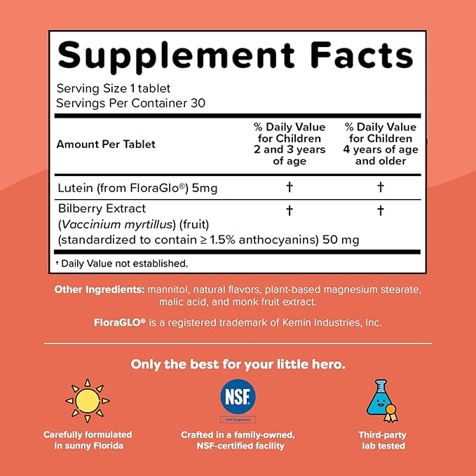 Renzo's Eye Spy Lutein with Bilberry Extract, Dissolvable Kids Vitamins for Eye Health, Sugar-Free Supplements, 30 Orange-Flavored Melty Tabs