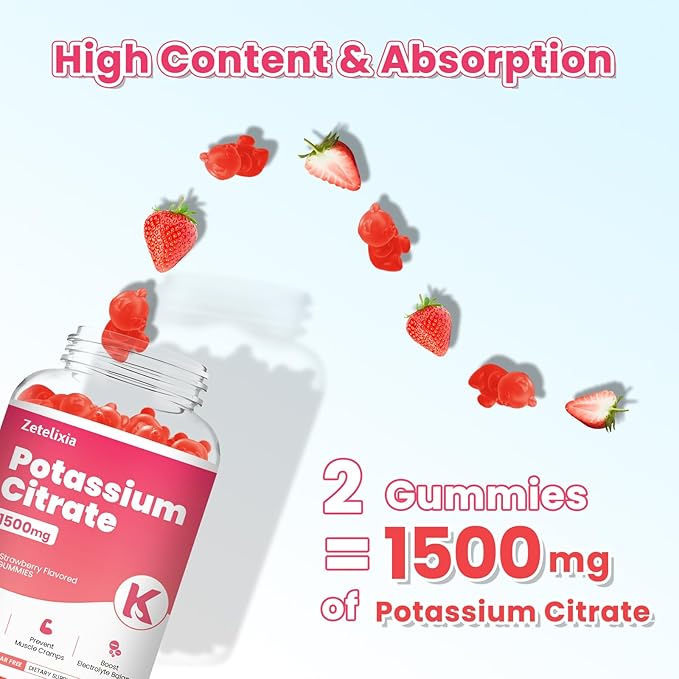 2 Pack Potassium Gummies for Adults Women & Men, Potassium Citrate Supplement, Support Leg Cramps, Muscle Health & Electrolyte Balance, Sugar Free, Organic, Vegan, Strawberry, 120 Cts